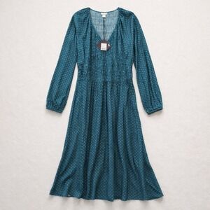 Ava & Viv Green Geo Print Smocked V-Neck Midi Dress Long Sleeve 1X New Peasant